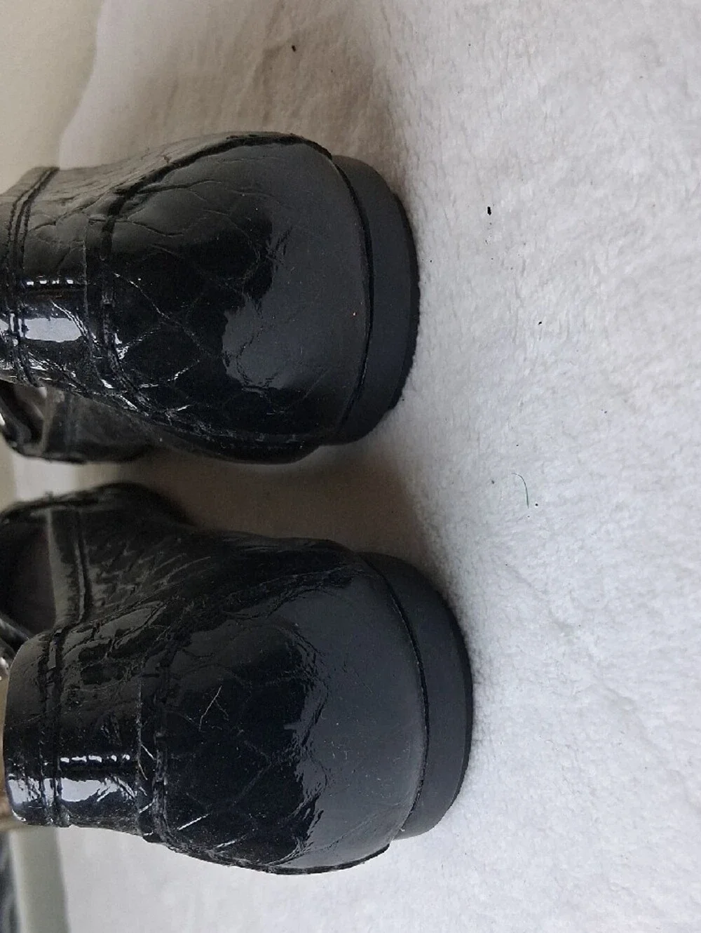 Stuart Weitzman Black Patent Croc-Embossed Leather Loafers with Silver Hardware